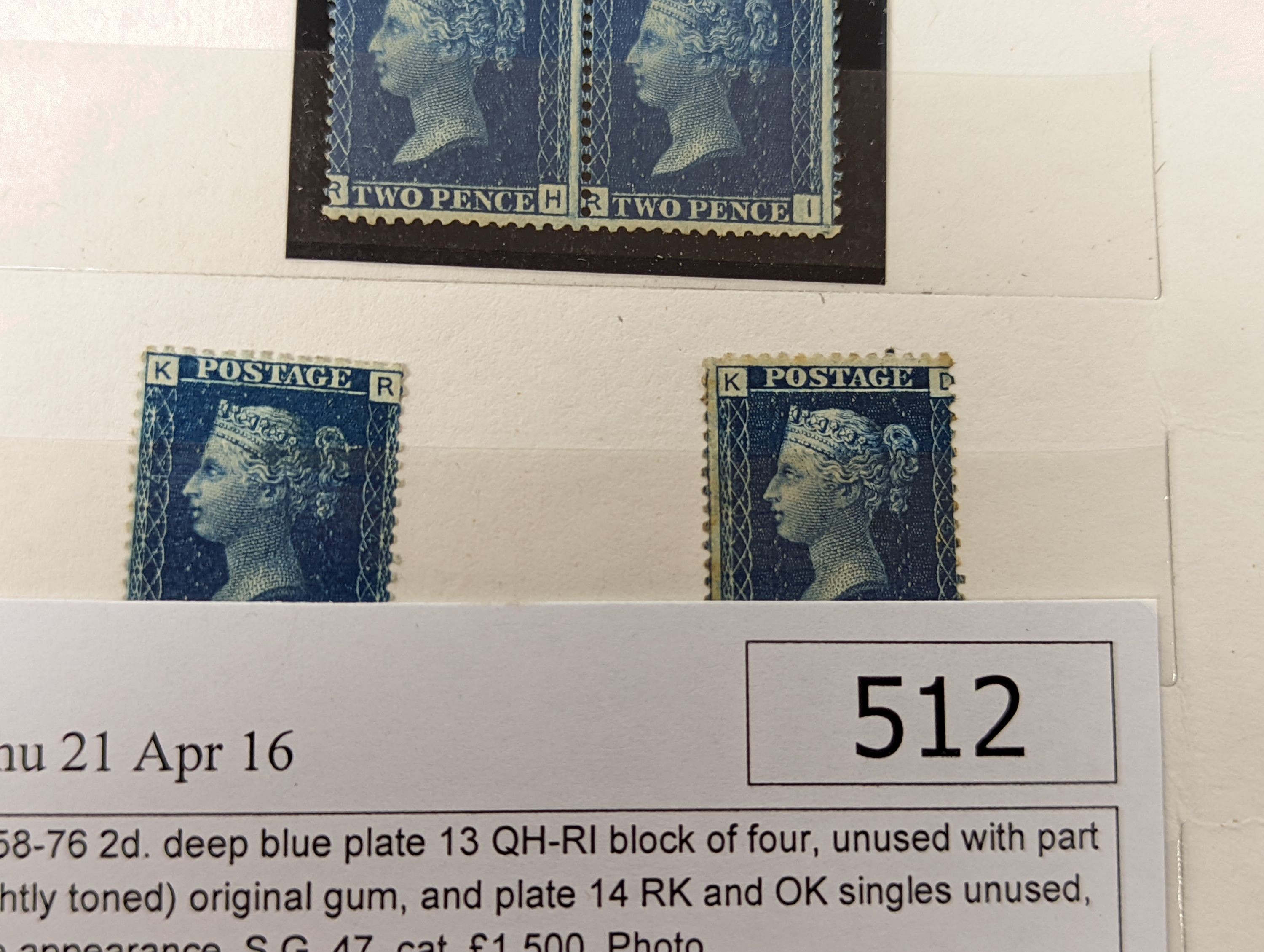 Great Britain - small stock book 2d blues with 1841 2d used strip of three, 6 singles used. 1858 2d plate 13 and plate 14 mint blocks of four